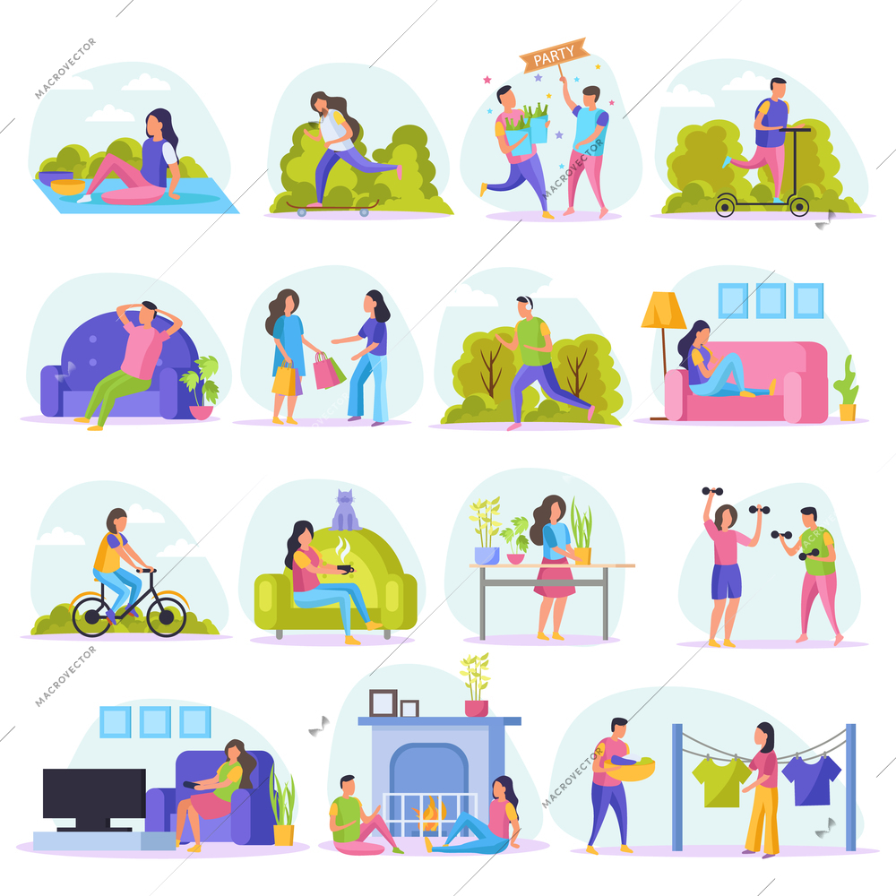 Lazy weekends people flat icon set with resting people watch tv sit on couch shopping riding in the park and other vector illustration