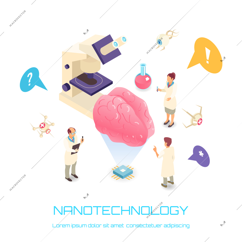 Nanotechnology isometric concept with brain science symbols white background isolated vector illustration