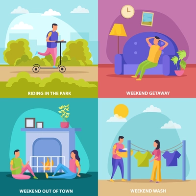 Lazy weekends people flat icon set with riding in the park weekend getaway wash and out of town descriptions vector illustration