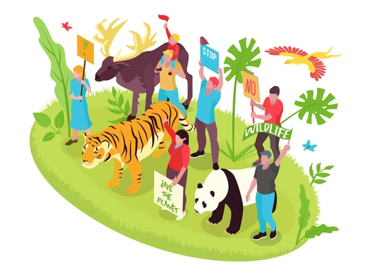 Wildlife protection isometric concept with people nature and animals vector illustration