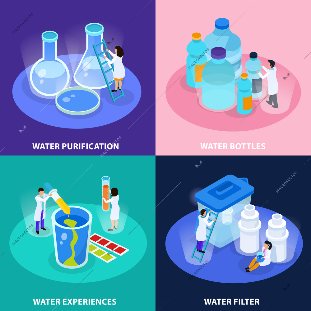 Water purification isometric icon set with water bottles experiences and filter descriptions vector illustration