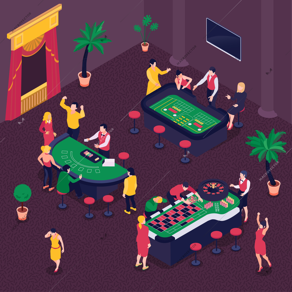 Casino and gambling isometric background with poker and roulette symbols vector illustration