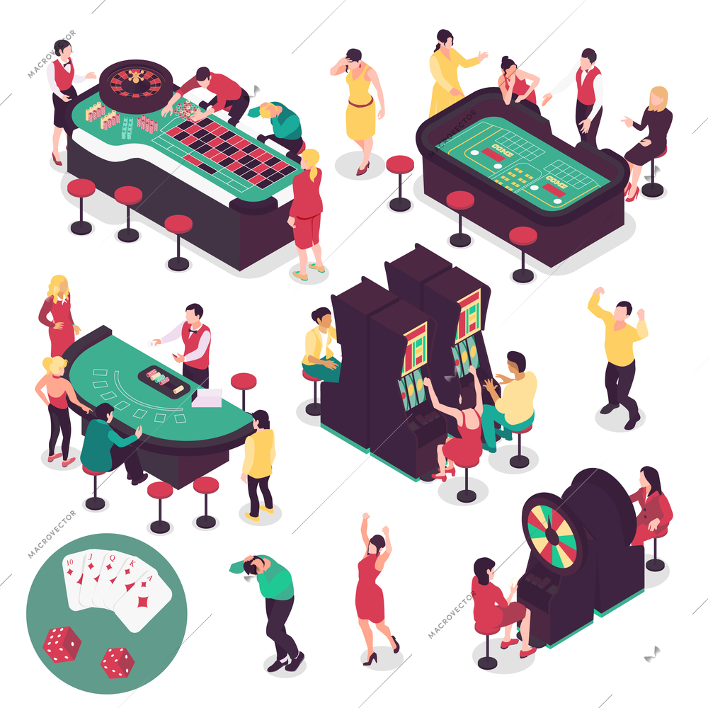 Casino and gambling isometric set with winning and losing symbols isolated vector illustration