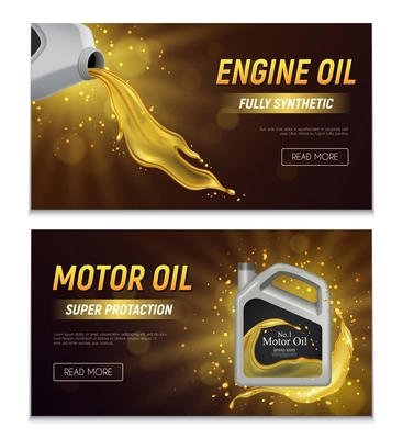 Motor oil realistic advertising banners with fully synthetic and super protection properties promotional text vector illustration