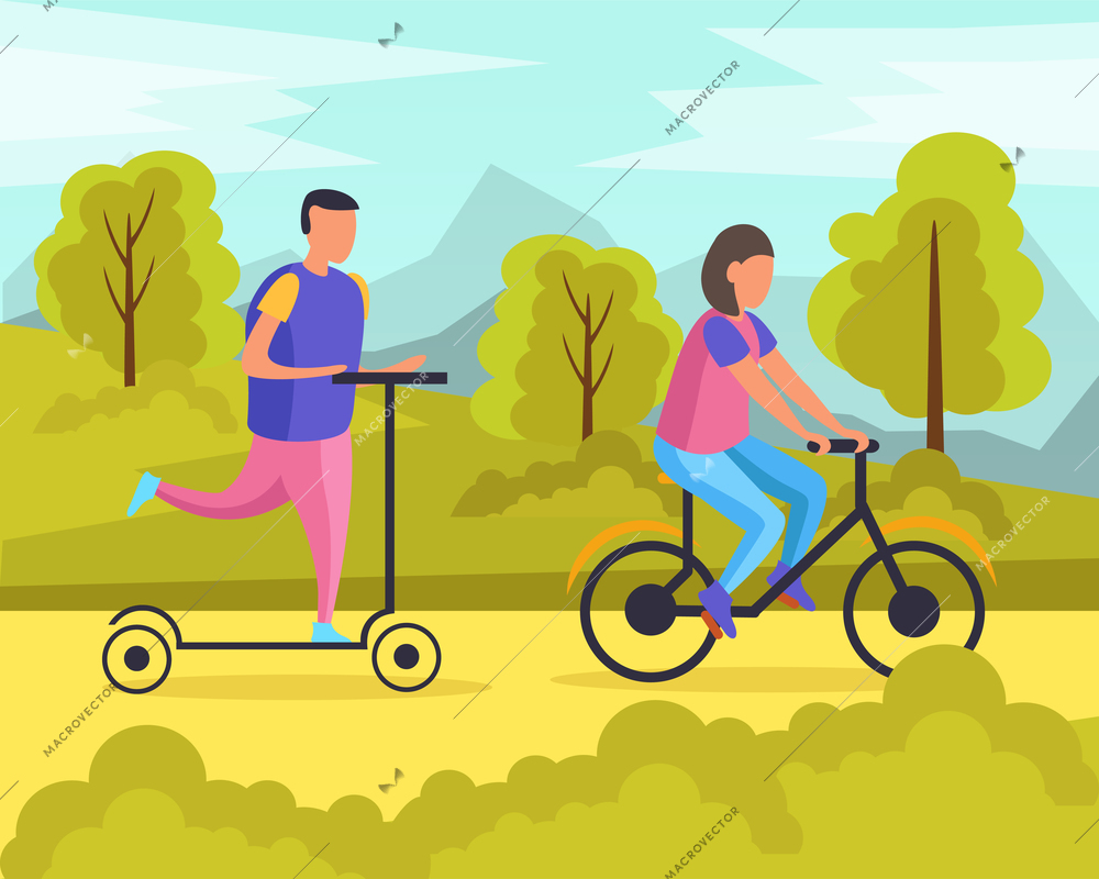 Lazy weekends people flat composition with man and woman riding in the park vector illustration