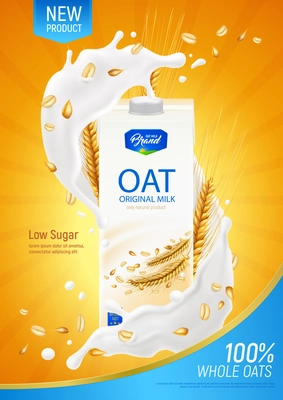 Oatmeal milk realistic poster as advertising illustration of original organic product without dairy and sugar vector illustration