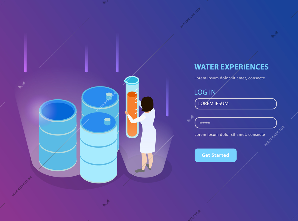 Water purification isometric landing page for website with registration form and water experiences description vector illustration