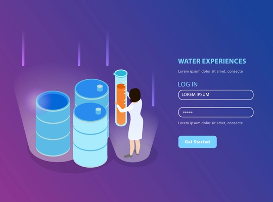 Water purification isometric landing page for website with registration form and water experiences description vector illustration