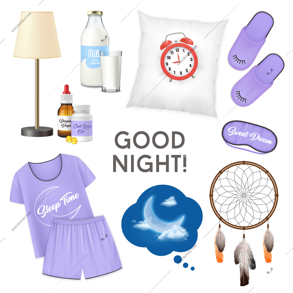 Good night realistic design concept with alarm clock on pillow glass of milk pajamas slippers isolated icons set vector illustration