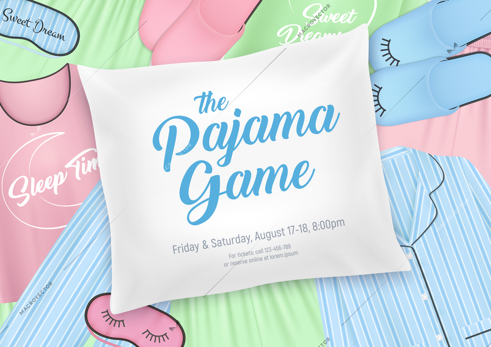 Pajama party for kids invitation template with nightwear elements and sleepover date on pillow background vector illustration