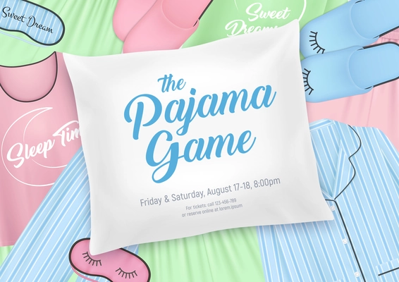 Pajama party for kids invitation template with nightwear elements and sleepover date on pillow background vector illustration