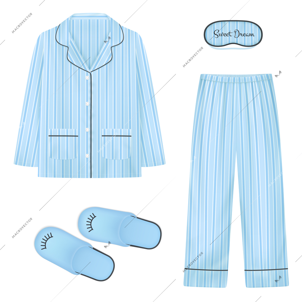 Nightwear realistic set in blue color with  slippers eye patch for sleep and pajamas isolated vector illustration