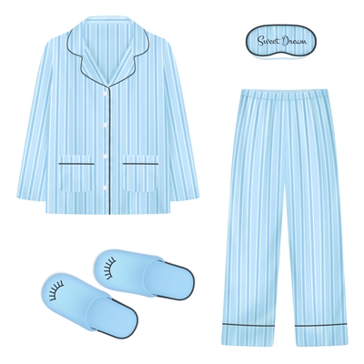 Nightwear realistic set in blue color with  slippers eye patch for sleep and pajamas isolated vector illustration