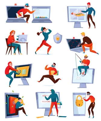 Hacker icon set with different types of hackers stealing information breaking computer system vector illustration