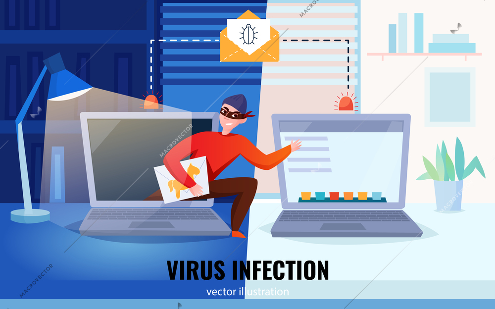 Flat hacker computers composition with virus infection headline and hacker steal information vector illustration