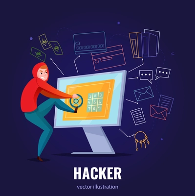 Hacker safe composition with man in hoodie hacks computer and climbs inside vector illustration