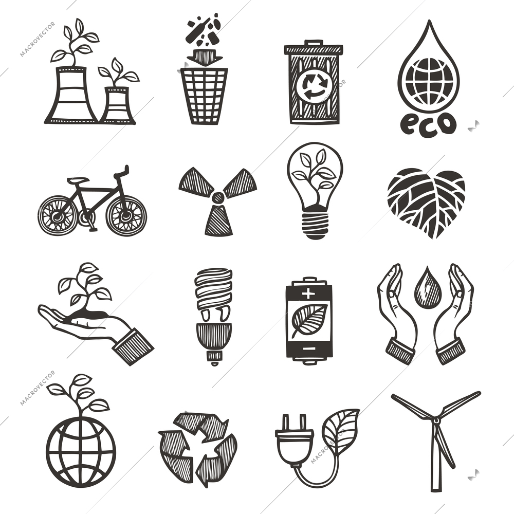 Ecology and waste icons set of plants garbage recycling isolated vector illustration