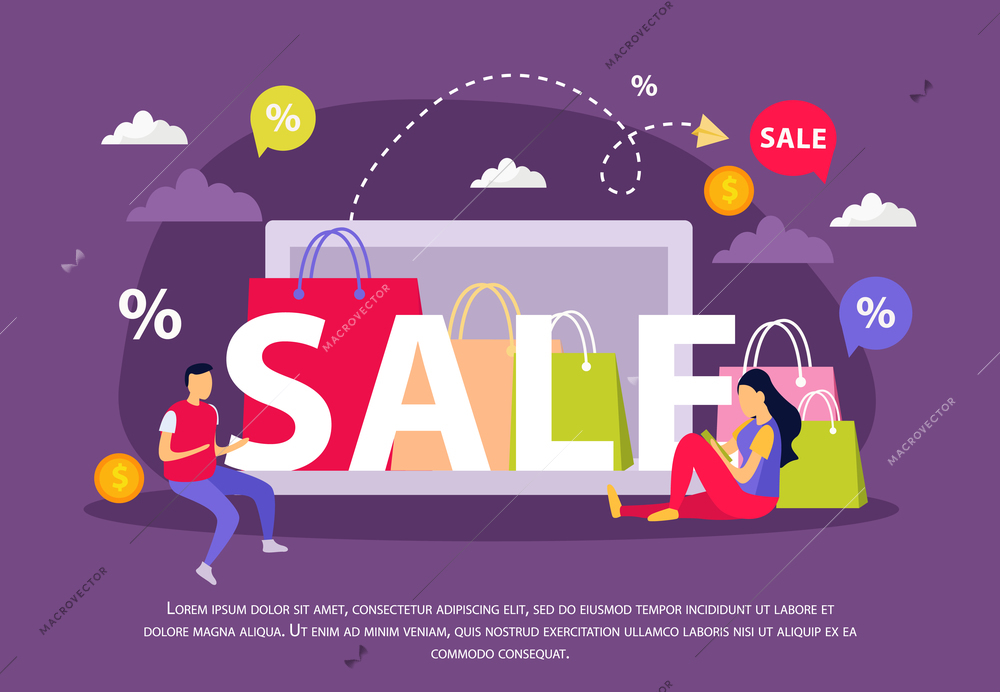 Great sale flat composition with abstract elements big sale headline and percentage icons vector illustration