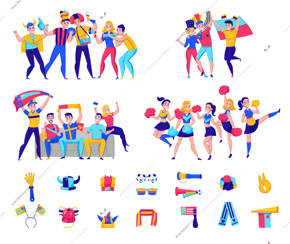 Fans cheering team icon set with groups of people and football attributes cheering for the team vector illustration