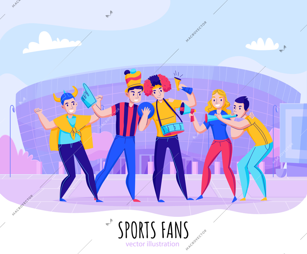 Fans cheering team composition with group of people pose on stadium background vector illustration