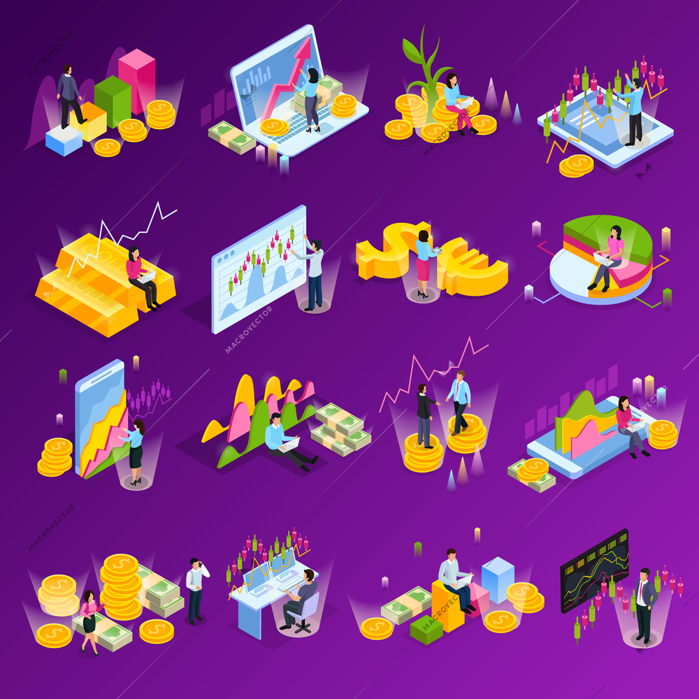 Stock exchange isometric icon set with different graphs charts finance elements technology in commerce vector illustration