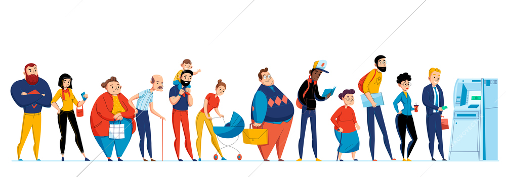Queue people icon set with different people waiting in line to the ATM vector illustration