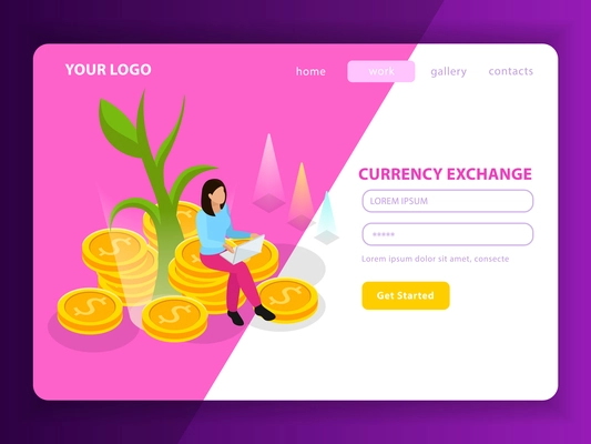 Stock exchange isometric landing page composition with registration form named currency exchange and get started button vector illustration