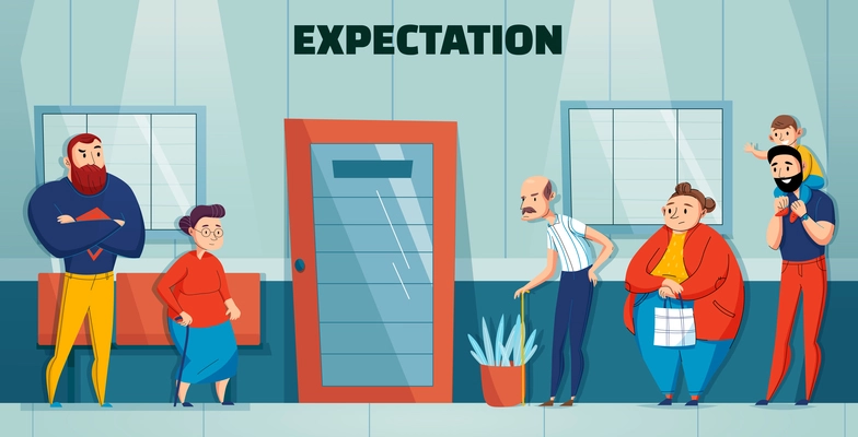 Queue people hospital doctor composition with expectation headline and different age and needs people waiting in line vector illustration