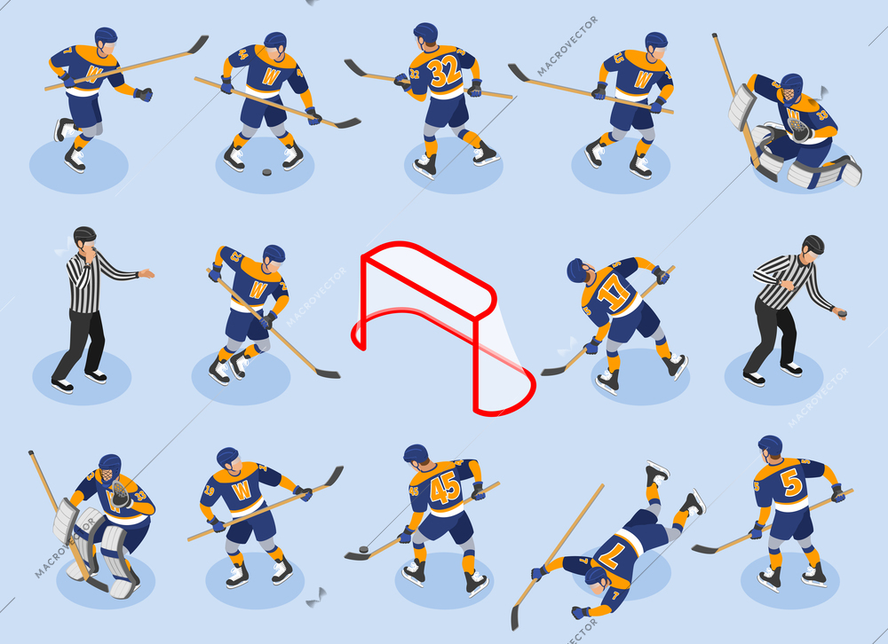 Ice Hockey isometric icons set with  defensing players forwards goaltender goalie puck referee on rink vector illustration