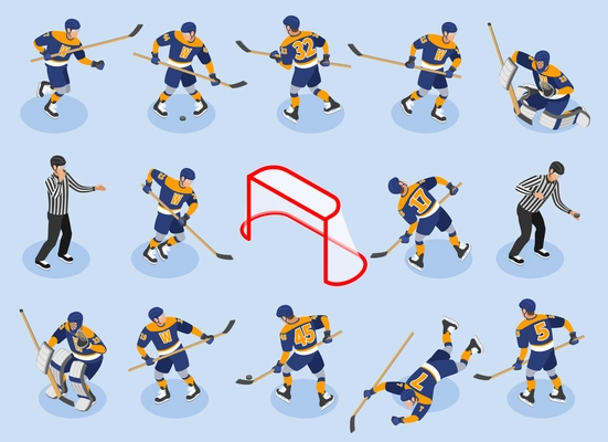 Ice Hockey isometric icons set with  defensing players forwards goaltender goalie puck referee on rink vector illustration