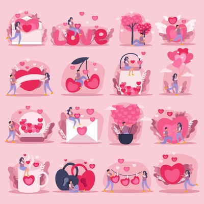 Flat pink love couple icon set or stickers with little and big hearts symbols of feelings and romantic couple vector illustration