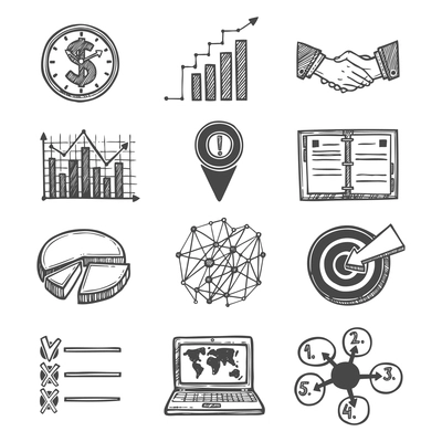 Sketch strategy and management icons set isolated vector illustration.