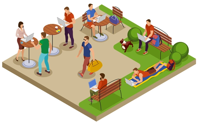 Freelancer typical summer day isometric composition with outdoor workplace in city park lawn cafe table vector illustration