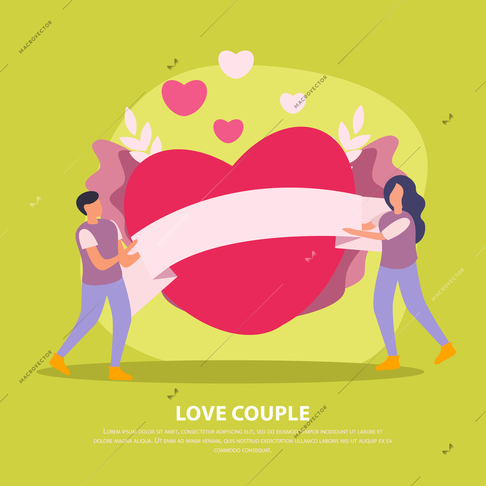 Green love couple flat background with two people hold big red heart vector illustration