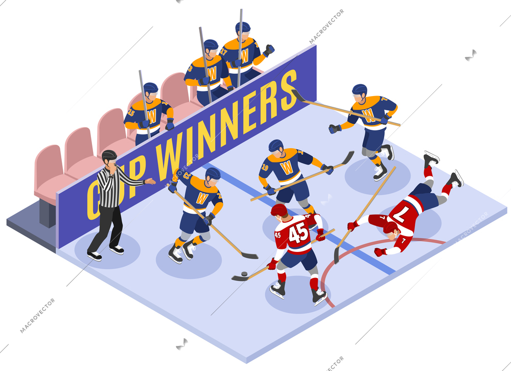 Ice hockey cup winners game moment isometric composition with rule violation referee assessing penalty vector illustration