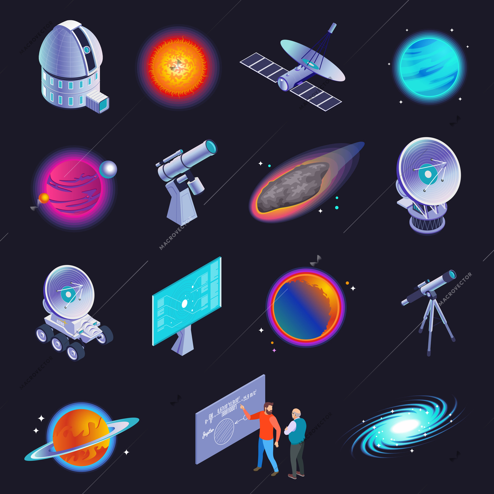 Astrophysics isometric icons with radio telescope spiral galaxy stars planets comet scientists formula black background vector illustration