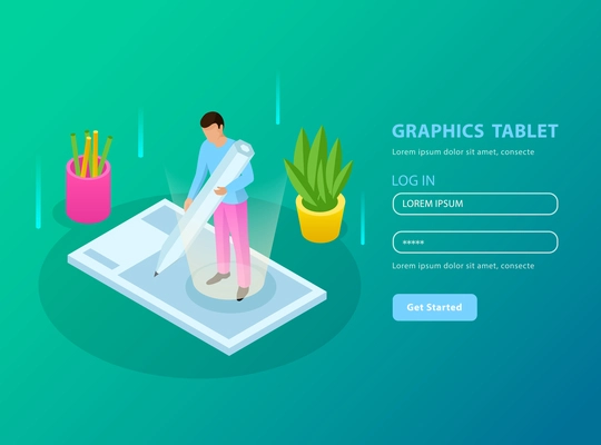 People and interfaces isometric composition with registration form and graphic tablet description vector illustration