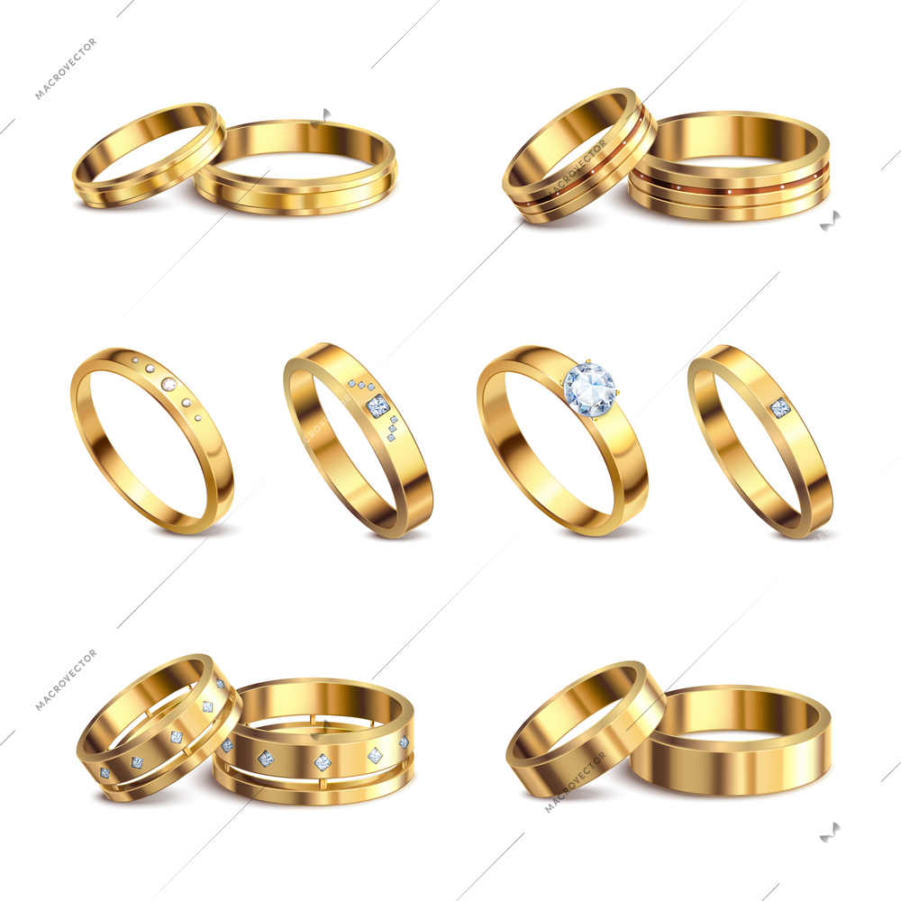 Gold wedding rings 6 realistic isolated sets noble metal with diamonds jewelry against white background vector illustration