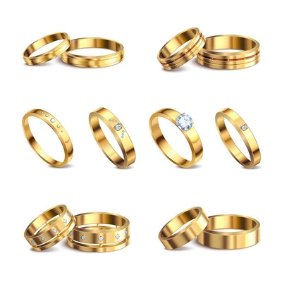 Gold wedding rings 6 realistic isolated sets noble metal with diamonds jewelry against white background vector illustration