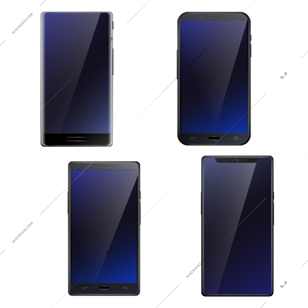 Beautiful dark blue glossy all screen front touchscreen smartphones realistic  4 mobile phones set isolated vector illustration