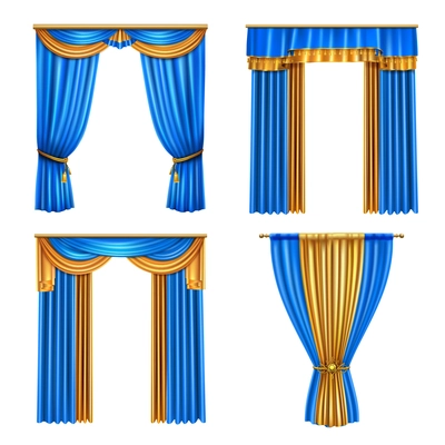 Golden blue long luxury drapes curtains set 4 realistic living room window decorations ideas isolated vector illustration