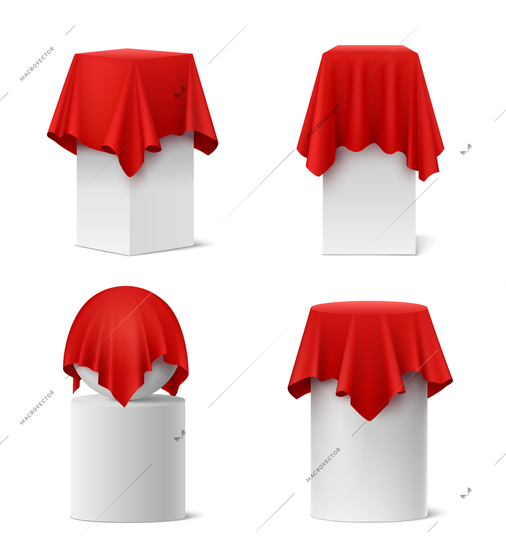 Presentation red silk cloth realistic set isolated vector illustration