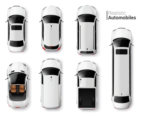 White cars top view realistic set isolated vector illustration