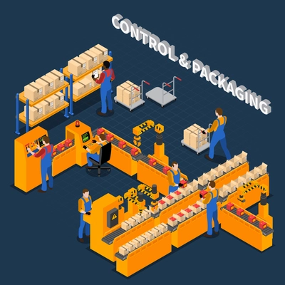 Factory workers isometric people composition with characters of workers performing control and packaging tasks with text vector illustration