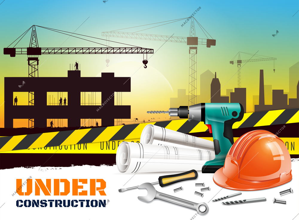 Realistic construction background with under construction headline and different equipment on front side vector illustration