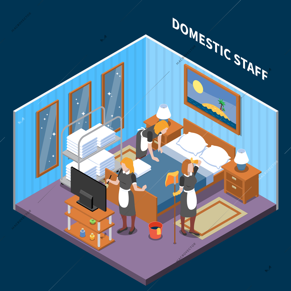 Home staff isometric people composition with female housemaid worker characters in domestic bedroom interior with text vector illustration