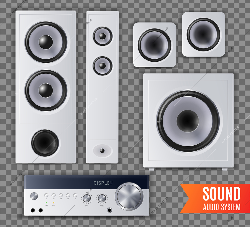 Realistic sound audio system transparent icon set with different shape and size vector illustration