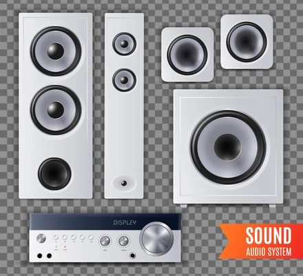 Realistic sound audio system transparent icon set with different shape and size vector illustration