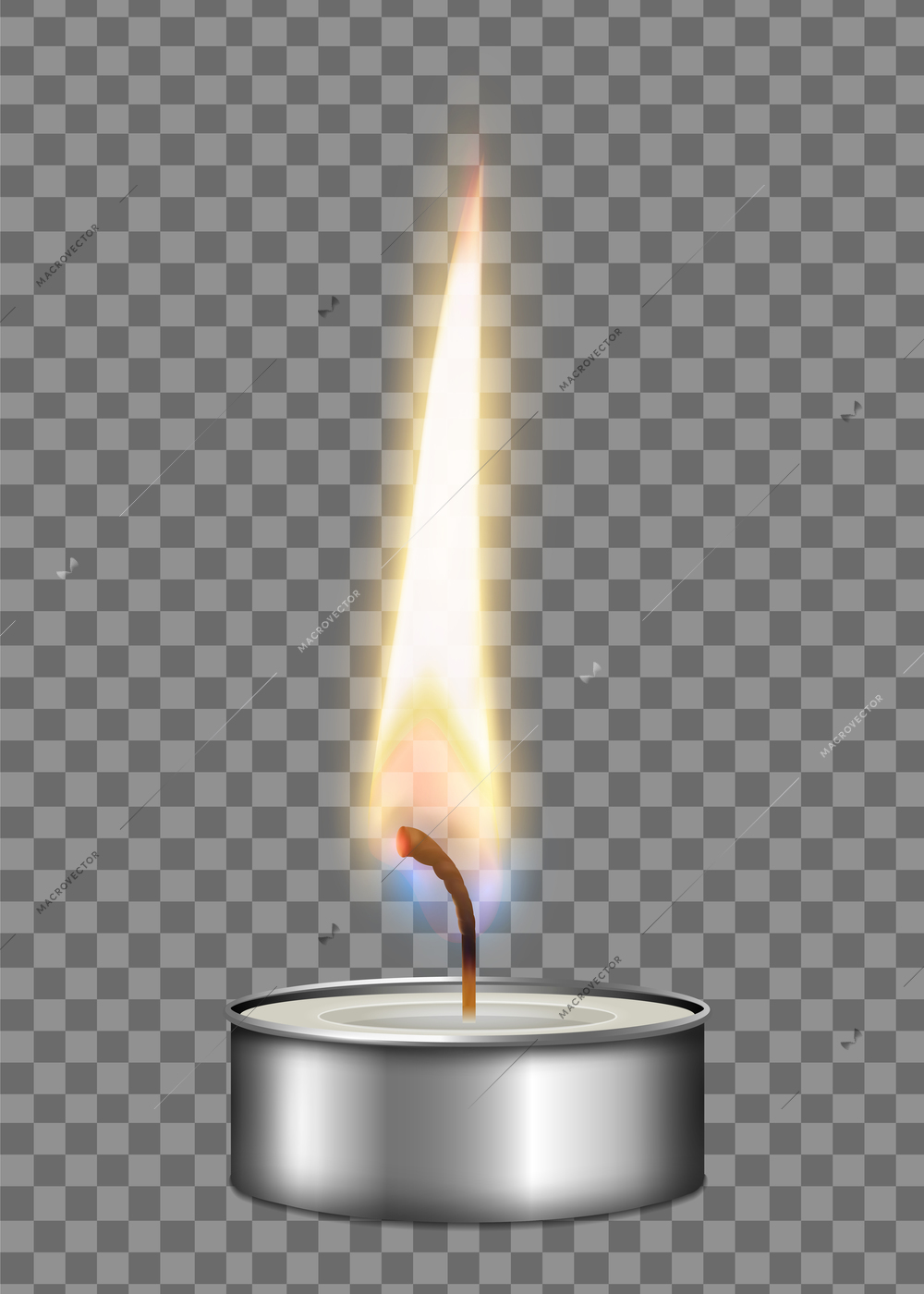 Colored realistic candle metal case flame fire light composition on transparent background vector illustration