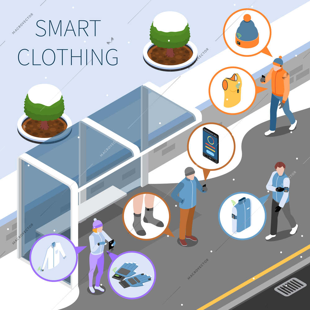 Wearable technology smart clothes isometric composition with view of bus stop and people in intelligent clothing vector illustration